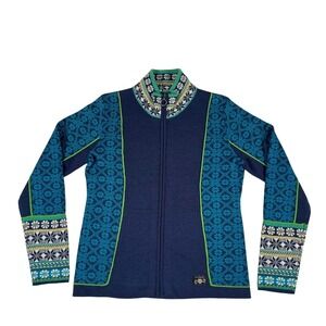 Icelandic Design Womens Navy Teal Fair Isle Wool Blend Full Zip Sweater Jacket M